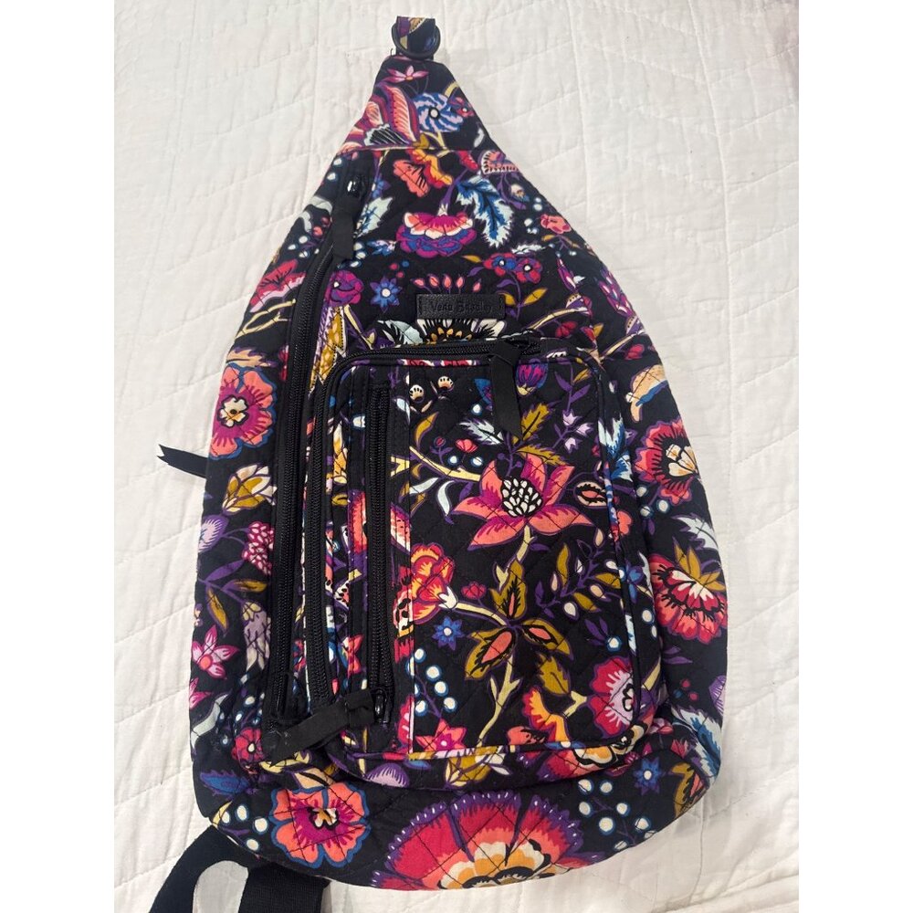 Vera Bradley Floral Quilted Sling Backpack With Adjustable Strap Black Multicolo